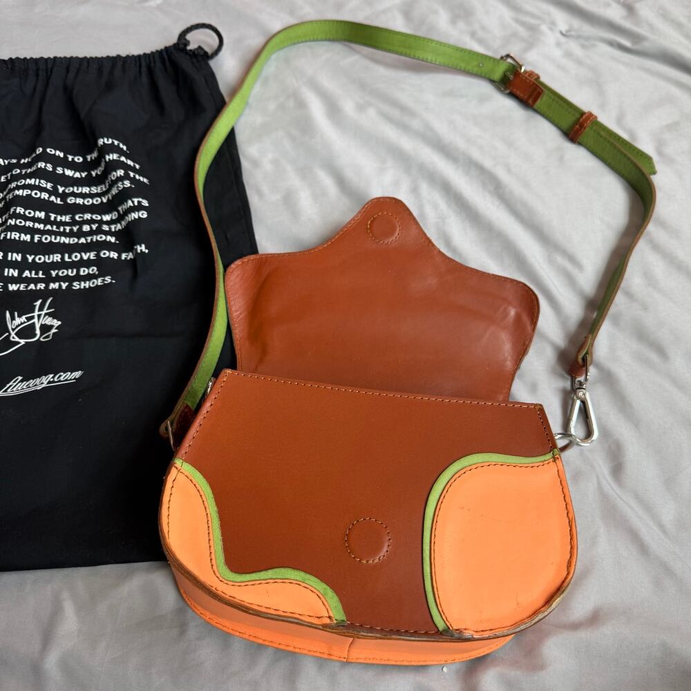 John Fluevog Mini Leather Crossbody Multicolor Orange Blue Green Shoulder Purse - Picture 4 of 16
